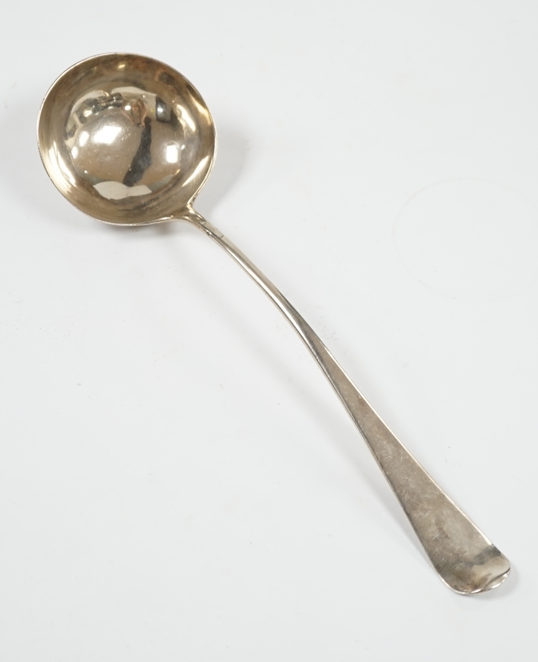 An 18th century silver soup ladle, marks rubbed, maker John Lampfert?, 31.5cm, 5.2oz. Condition - poor